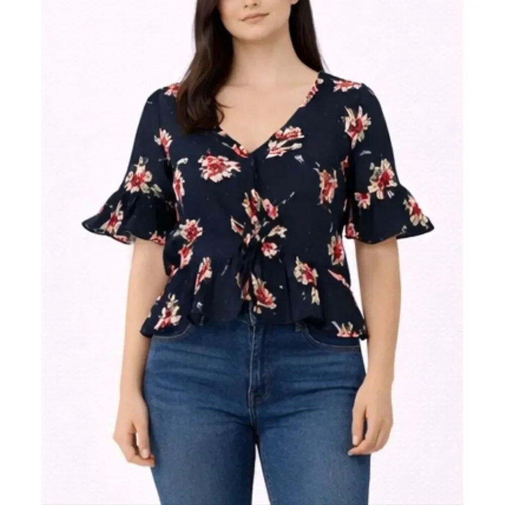 Blue rain black floral peplum cropped blouse xs